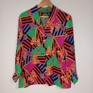 vintage j.mclaughlin for sanyo colorblock mixed hearts and bows print silk shirt